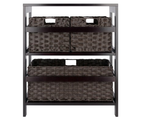 Leo 2-Tier Wide Storage Shelf With 3 Foldable Woven Baskets, 29' High, 25' Wide, Espresso and Chocolate