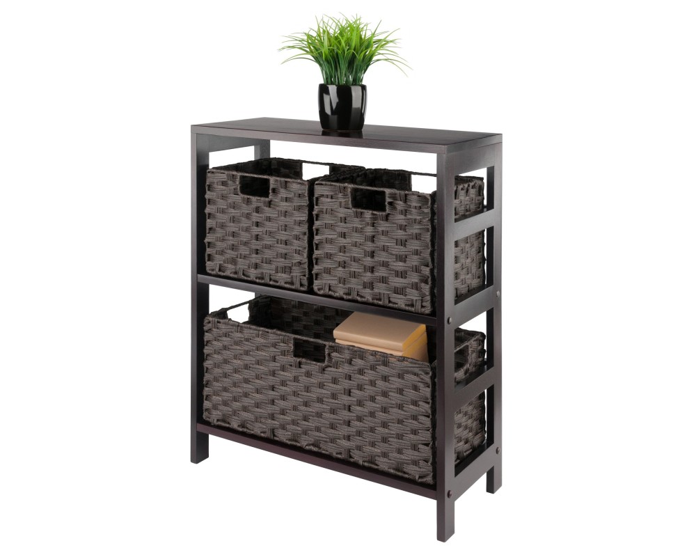 Leo 2-Tier Wide Storage Shelf With 3 Foldable Woven Baskets, 29' High, 25' Wide, Espresso and Chocolate