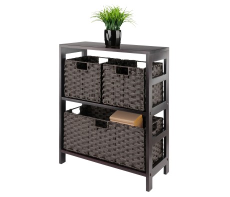 Leo 2-Tier Wide Storage Shelf With 3 Foldable Woven Baskets, 29' High, 25' Wide, Espresso and Chocolate