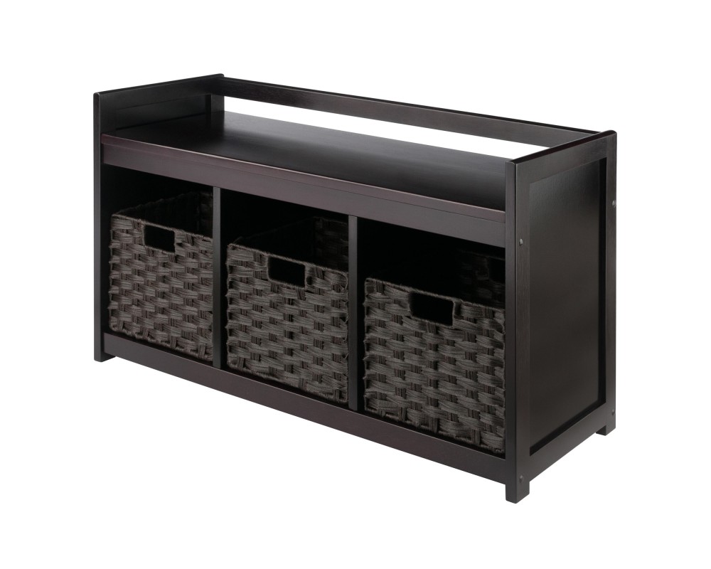 Addison Storage Bench with 3 Cubbies, 3 Woven Fiber Baskets, 37 Wide, 21 High, Espresso and Chocolate