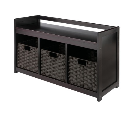 Addison Storage Bench with 3 Cubbies, 3 Woven Fiber Baskets, 37 Wide, 21 High, Espresso and Chocolate