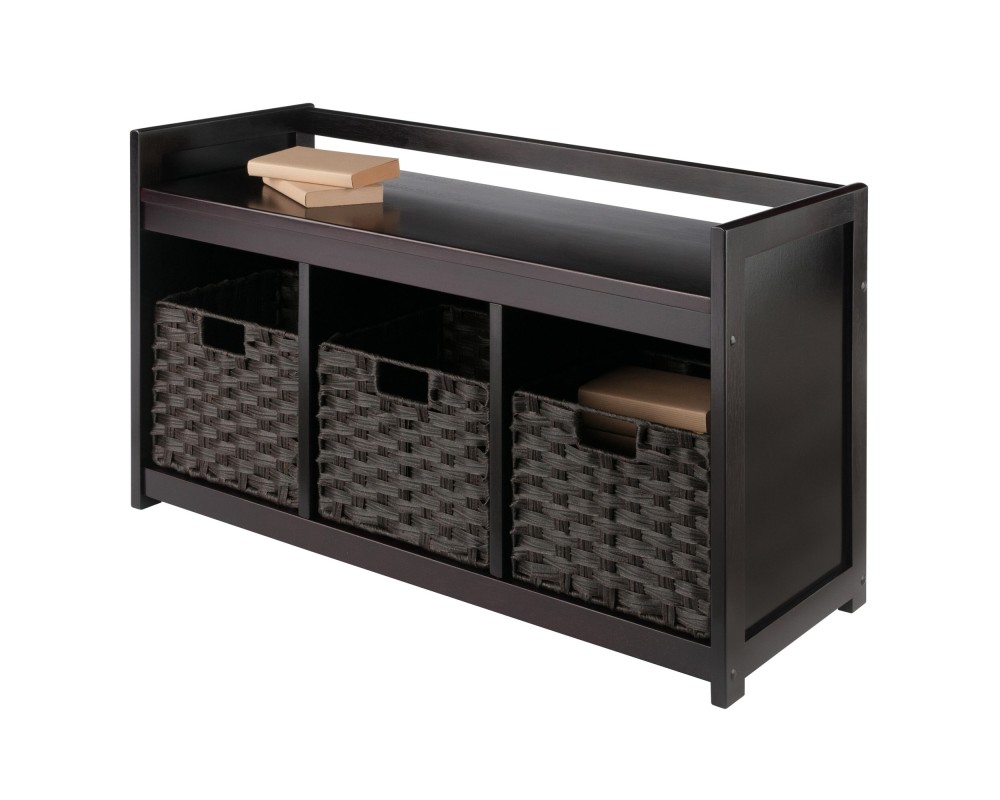 Addison Storage Bench with 3 Cubbies, 3 Woven Fiber Baskets, 37 Wide, 21 High, Espresso and Chocolate