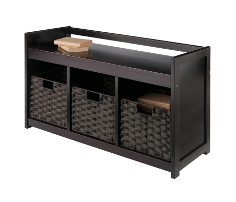 Addison Storage Bench with 3 Cubbies, 3 Woven Fiber Baskets, 37 Wide, 21 High, Espresso and Chocolate