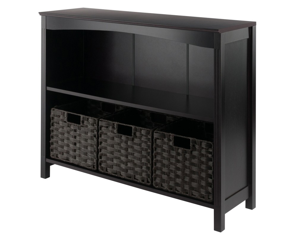 Terrace 4-Pc 2-Tier Wide Storage Shelf With 3 Small Foldable Woven Fiber Baskets, Espresso and Chocolate