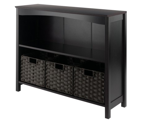 Terrace 4-Pc 2-Tier Wide Storage Shelf With 3 Small Foldable Woven Fiber Baskets, Espresso and Chocolate