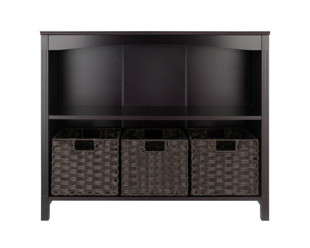 Terrace 4-Pc 2-Tier Wide Storage Shelf With 3 Small Foldable Woven Fiber Baskets, Espresso and Chocolate
