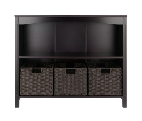 Terrace 4-Pc 2-Tier Wide Storage Shelf With 3 Small Foldable Woven Fiber Baskets, Espresso and Chocolate