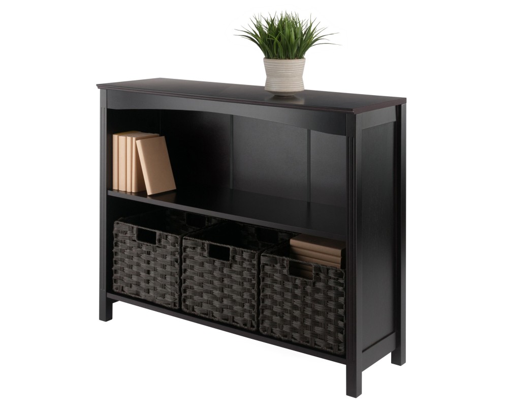 Terrace 4-Pc 2-Tier Wide Storage Shelf With 3 Small Foldable Woven Fiber Baskets, Espresso and Chocolate