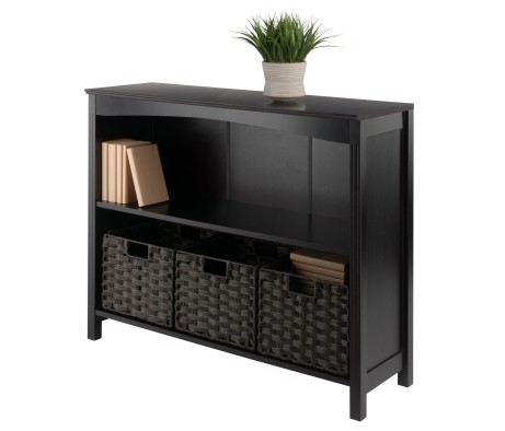 Terrace 4-Pc 2-Tier Wide Storage Shelf With 3 Small Foldable Woven Fiber Baskets, Espresso and Chocolate