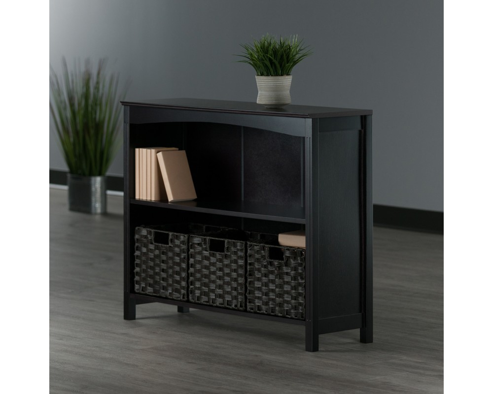Terrace 4-Pc 2-Tier Wide Storage Shelf With 3 Small Foldable Woven Fiber Baskets, Espresso and Chocolate