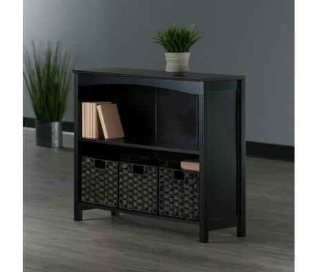 Terrace 4-Pc 2-Tier Wide Storage Shelf With 3 Small Foldable Woven Fiber Baskets, Espresso and Chocolate