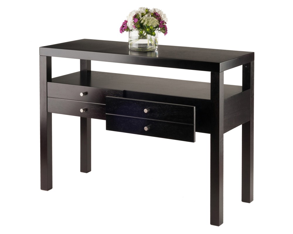 Copenhagen Console Table with Large Shelf and Drawers, 40' Wide, 30' High, Espresso