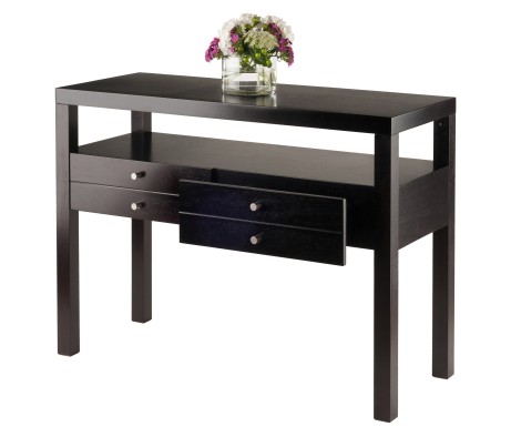 Copenhagen Console Table with Large Shelf and Drawers, 40' Wide, 30' High, Espresso