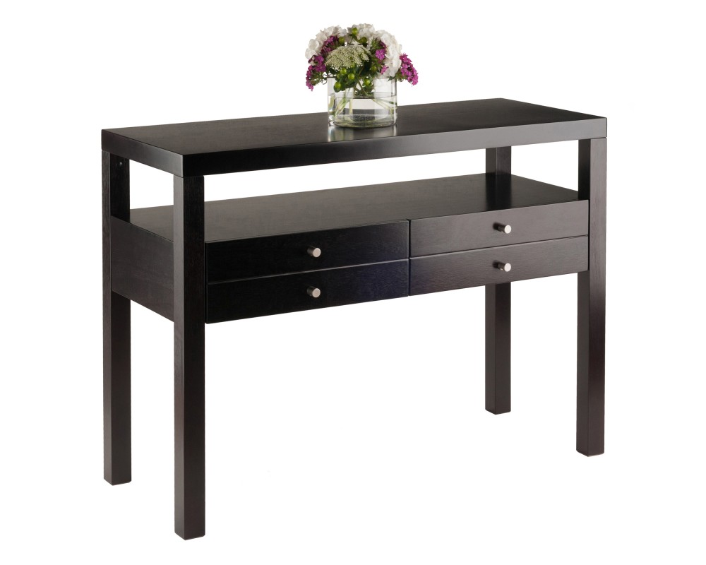 Copenhagen Console Table with Large Shelf and Drawers, 40' Wide, 30' High, Espresso