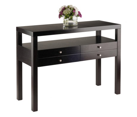 Copenhagen Console Table with Large Shelf and Drawers, 40' Wide, 30' High, Espresso