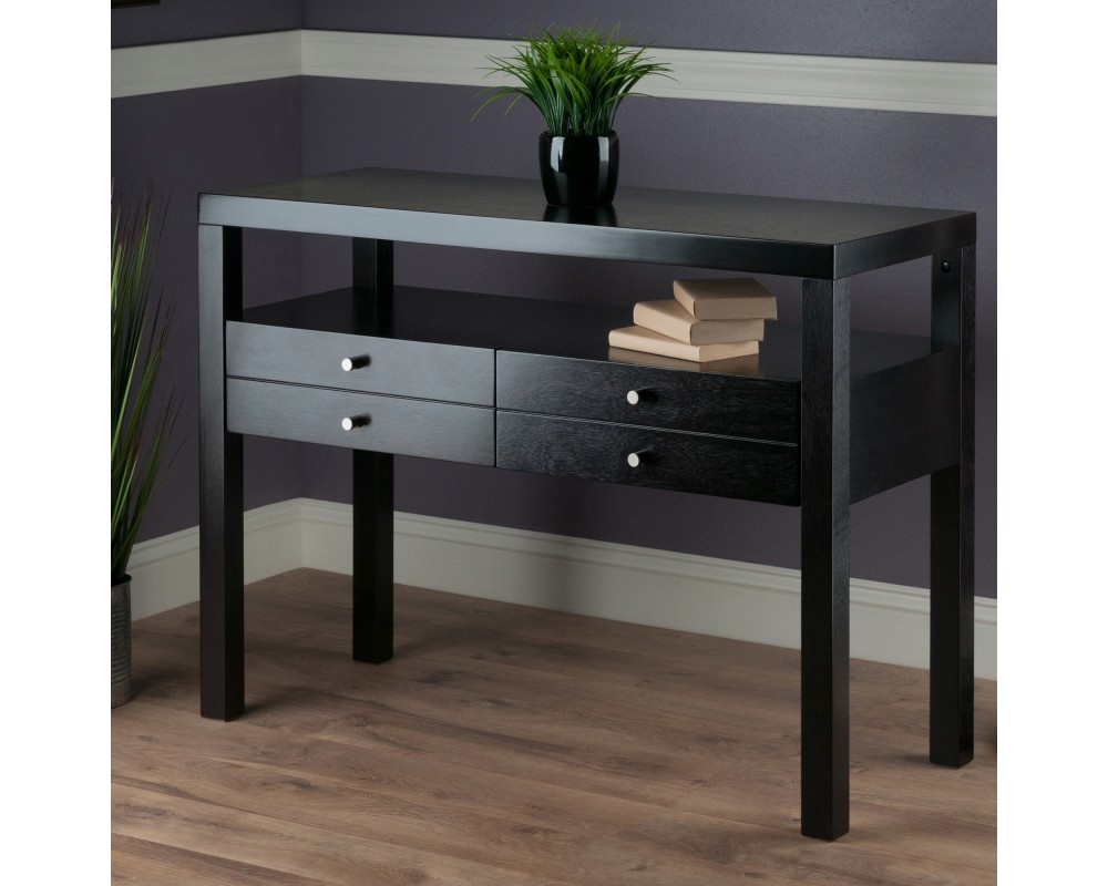 Copenhagen Console Table with Large Shelf and Drawers, 40' Wide, 30' High, Espresso