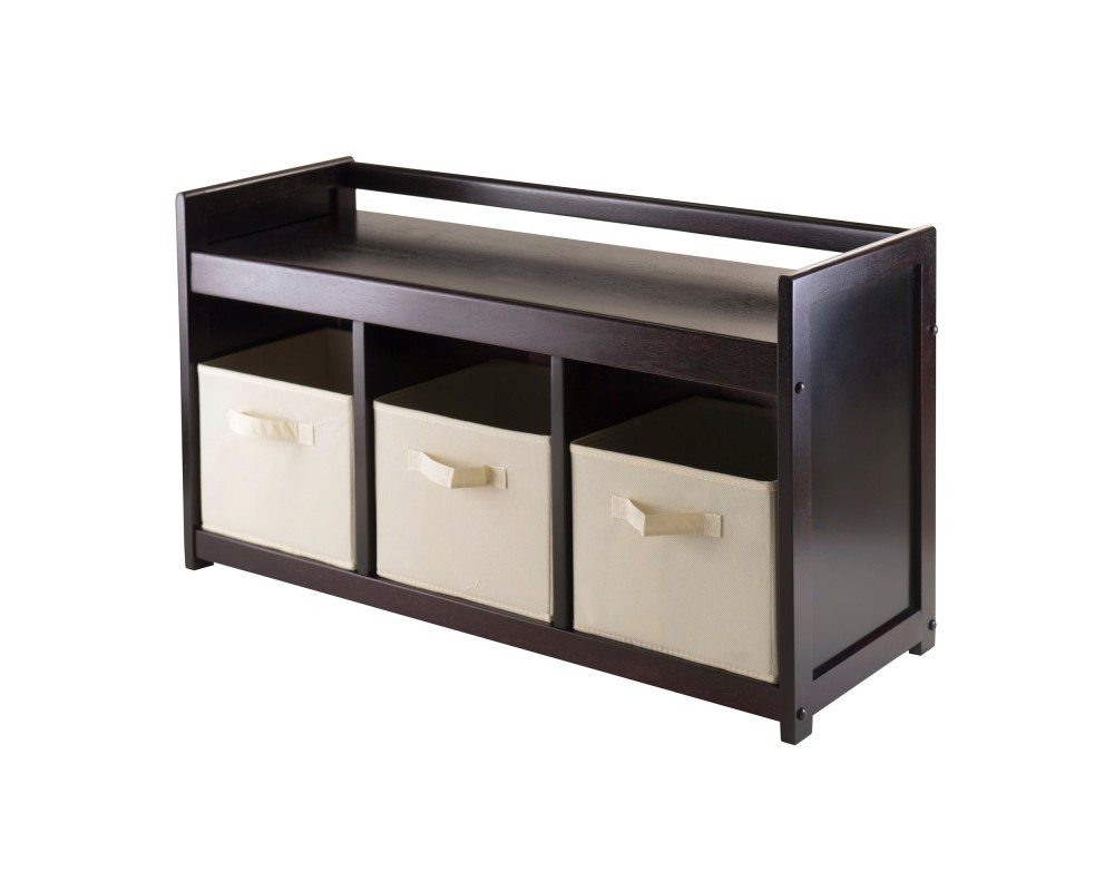 Addison Storage Bench with 3 Drawers, 3 Fabric Baskets, 38 Wide, 22 High, Espresso and Beige