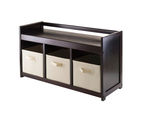 Addison Storage Bench with 3 Drawers, 3 Fabric Baskets, 38 Wide, 22 High, Espresso and Beige