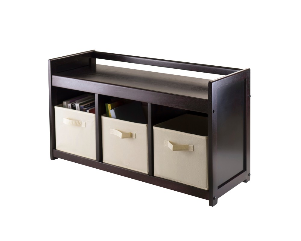 Addison Storage Bench with 3 Drawers, 3 Fabric Baskets, 38 Wide, 22 High, Espresso and Beige