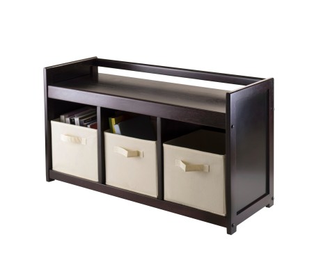 Addison Storage Bench with 3 Drawers, 3 Fabric Baskets, 38 Wide, 22 High, Espresso and Beige