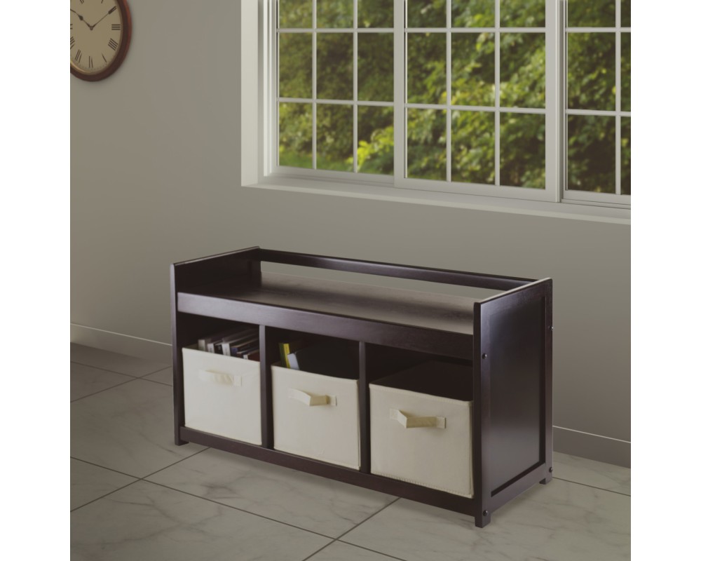 Addison Storage Bench with 3 Drawers, 3 Fabric Baskets, 38 Wide, 22 High, Espresso and Beige