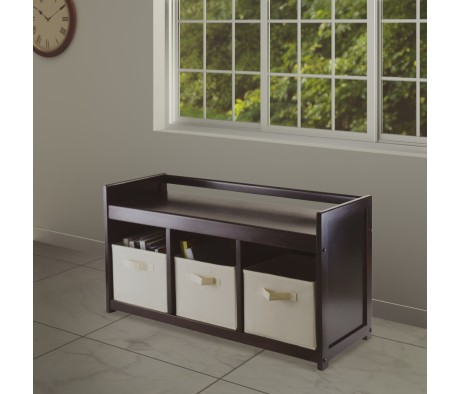 Addison Storage Bench with 3 Drawers, 3 Fabric Baskets, 38 Wide, 22 High, Espresso and Beige