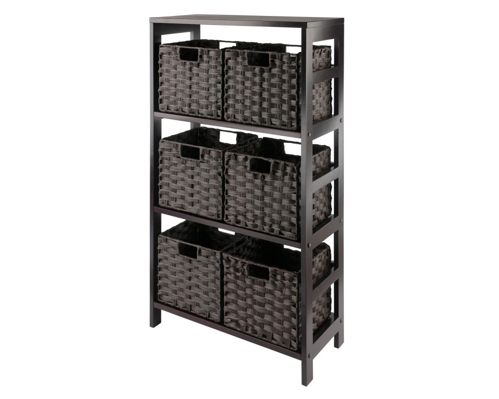 Leo 3-Tier Wide Storage Shelf with 6 Foldable Woven Baskets, 42' High, 25' Wide, Espresso and Chocolate