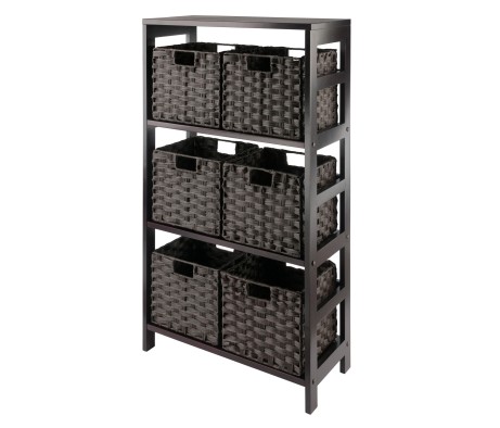 Leo 3-Tier Wide Storage Shelf with 6 Foldable Woven Baskets, 42' High, 25' Wide, Espresso and Chocolate