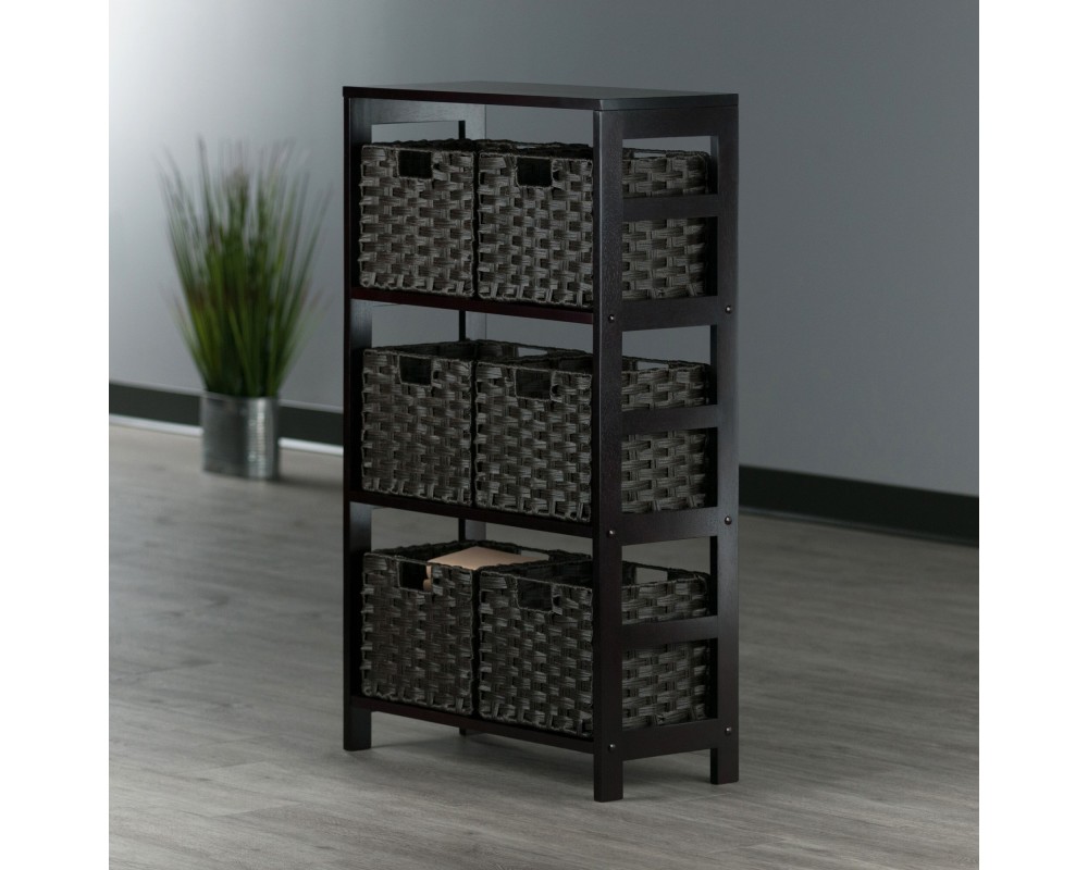 Leo 3-Tier Wide Storage Shelf with 6 Foldable Woven Baskets, 42' High, 25' Wide, Espresso and Chocolate
