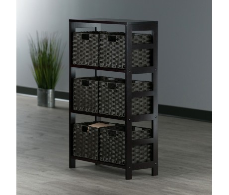Leo 3-Tier Wide Storage Shelf with 6 Foldable Woven Baskets, 42' High, 25' Wide, Espresso and Chocolate