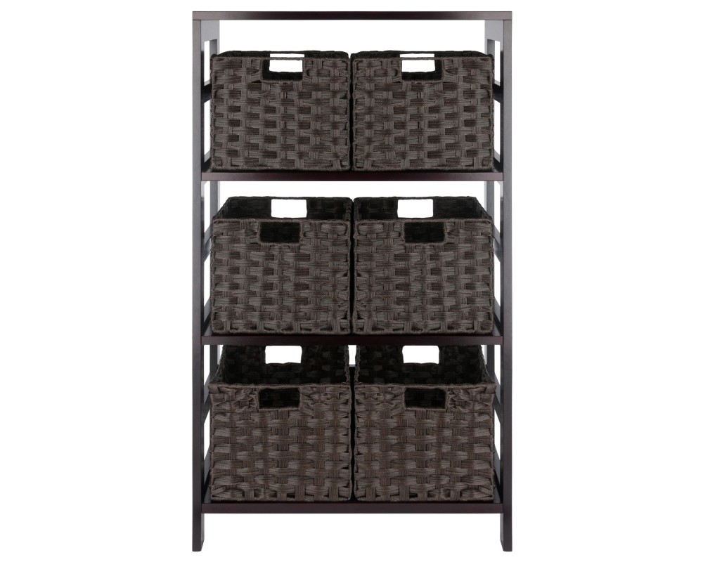 Leo 3-Tier Wide Storage Shelf with 6 Foldable Woven Baskets, 42' High, 25' Wide, Espresso and Chocolate