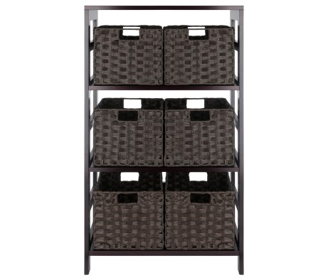 Leo 3-Tier Wide Storage Shelf with 6 Foldable Woven Baskets, 42' High, 25' Wide, Espresso and Chocolate