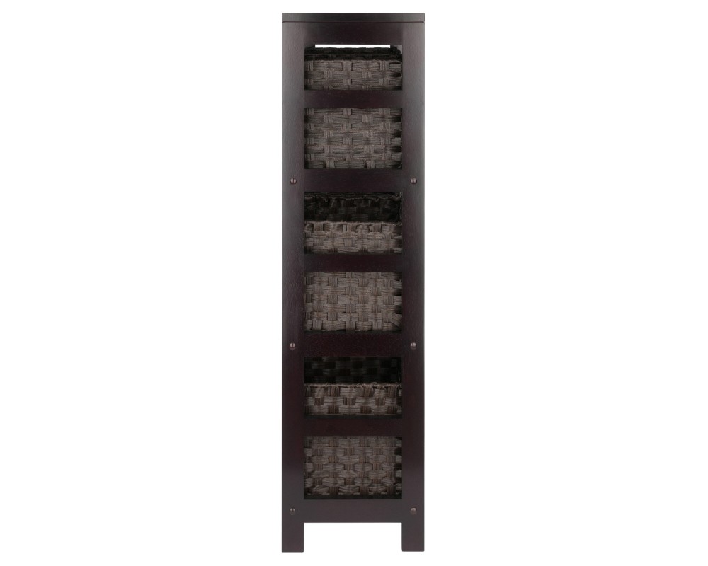 Leo 3-Tier Wide Storage Shelf with 6 Foldable Woven Baskets, 42' High, 25' Wide, Espresso and Chocolate