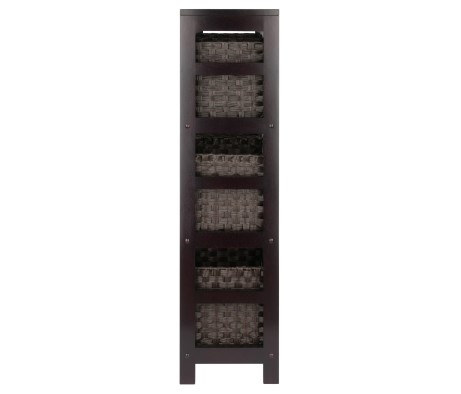 Leo 3-Tier Wide Storage Shelf with 6 Foldable Woven Baskets, 42' High, 25' Wide, Espresso and Chocolate