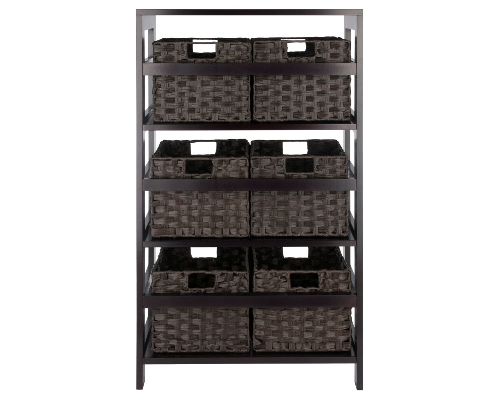 Leo 3-Tier Wide Storage Shelf with 6 Foldable Woven Baskets, 42' High, 25' Wide, Espresso and Chocolate