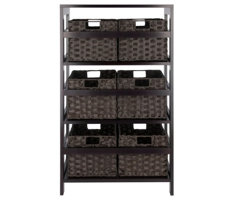 Leo 3-Tier Wide Storage Shelf with 6 Foldable Woven Baskets, 42' High, 25' Wide, Espresso and Chocolate
