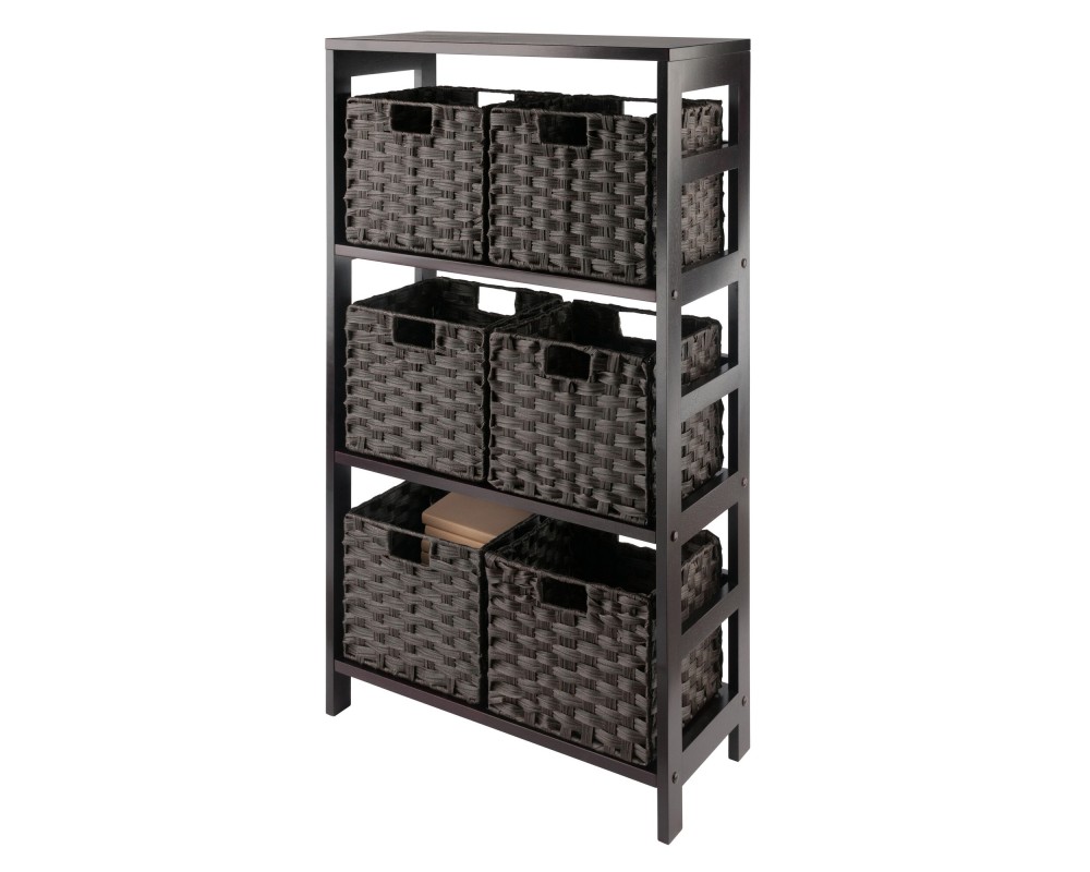 Leo 3-Tier Wide Storage Shelf with 6 Foldable Woven Baskets, 42' High, 25' Wide, Espresso and Chocolate