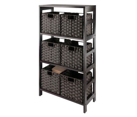Leo 3-Tier Wide Storage Shelf with 6 Foldable Woven Baskets, 42' High, 25' Wide, Espresso and Chocolate