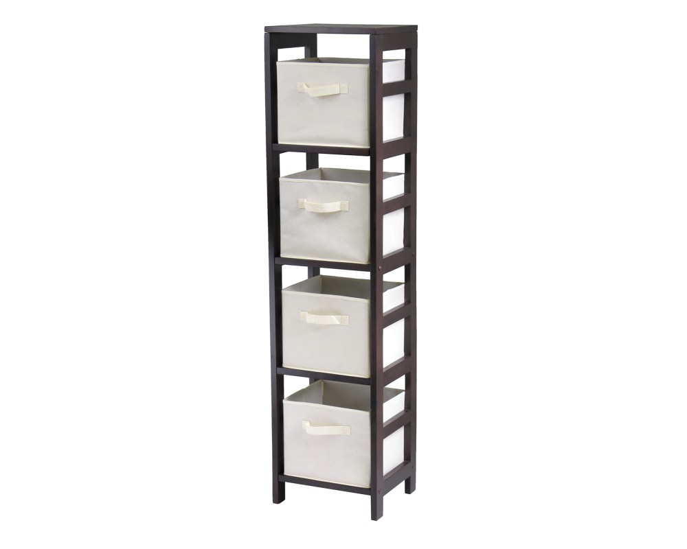 Capri 4-Section Tall Storage Shelf with 4 Foldable Fabric Baskets, 55' High, 13' Wide, Espresso and Beige