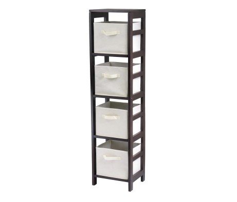 Capri 4-Section Tall Storage Shelf with 4 Foldable Fabric Baskets, 55' High, 13' Wide, Espresso and Beige