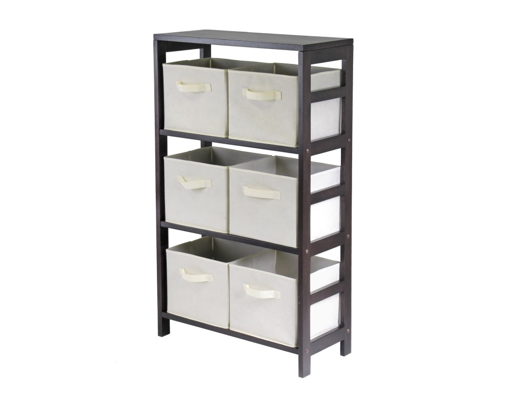 Capri 3-Section Storage Shelf with 6 Foldable Fabric Baskets, 42' High, 25' Wide, Espresso and Beige