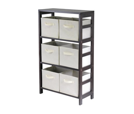 Capri 3-Section Storage Shelf with 6 Foldable Fabric Baskets, 42' High, 25' Wide, Espresso and Beige