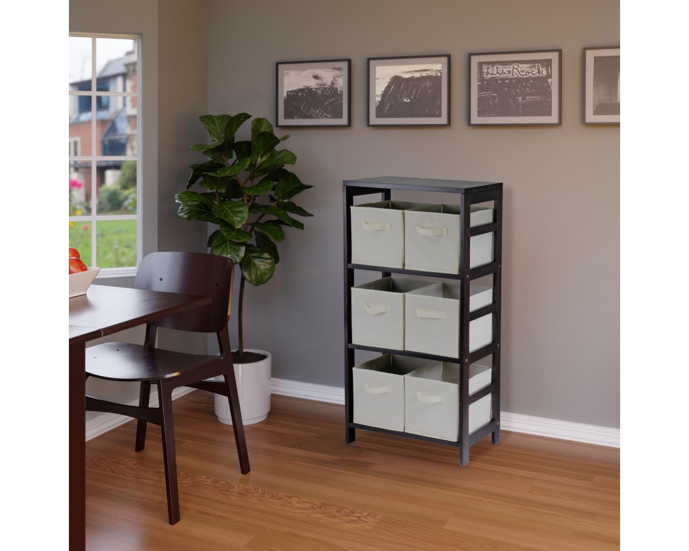 Capri 3-Section Storage Shelf with 6 Foldable Fabric Baskets, 42' High, 25' Wide, Espresso and Beige