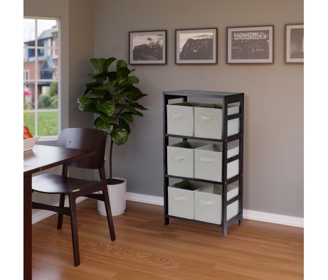 Capri 3-Section Storage Shelf with 6 Foldable Fabric Baskets, 42' High, 25' Wide, Espresso and Beige