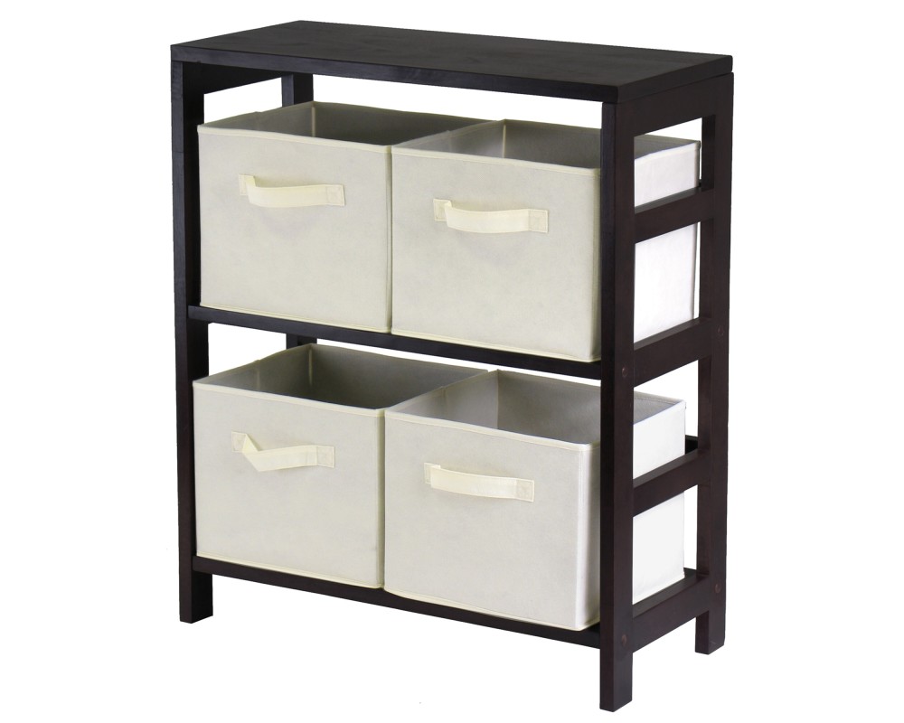 Capri 2-Section Storage Shelf with 4 Foldable Fabric Baskets, 29' High, 25' Wide, Espresso and Beige