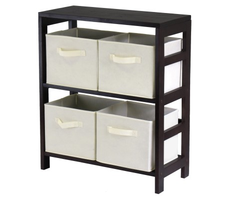 Capri 2-Section Storage Shelf with 4 Foldable Fabric Baskets, 29' High, 25' Wide, Espresso and Beige