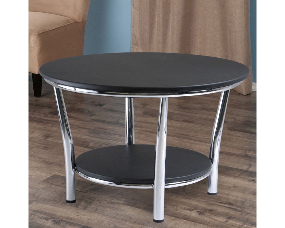 Maya Round Coffee Table, 19' High, 29' Wide, Black and Chrome