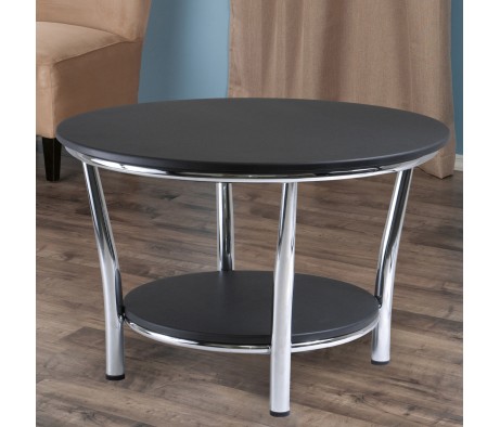 Maya Round Coffee Table, 19' High, 29' Wide, Black and Chrome