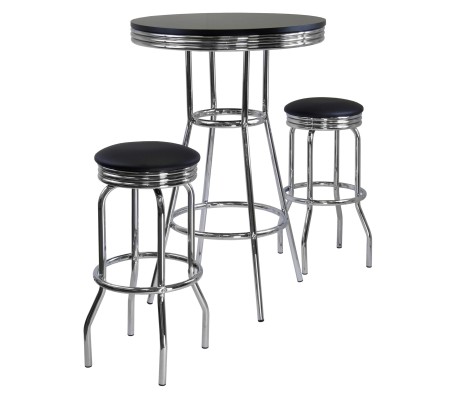 Summit 3-Pc Bar Height Table with 2 Swivel Seat Stools, Black and Chrome