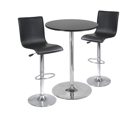 Spectrum 3-Pc Bar Height Table with 2 Adjustable Air Lift L-Back Stools, Black and Chrome
